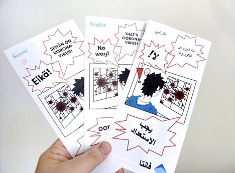 Vantaa jakaa koululaisille eri kielillä tehtyä esitettä koronaviruksesta. Kuvassa ohjeita suomeksi, englanniksi ja arabiaksi.