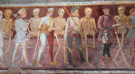Yksityiskohta 1400-luvulla eläneen italialaisen maalarin Giacomo Borlone de Buschisin kuolemantanssia kuvaavasta freskosta.