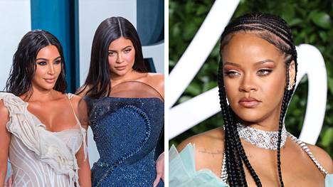 Kim Kardashian West ja Kylie Jenner (vasemmalla) ovat tehneet satojen miljoonien dollareiden sopimukset kosmetiikkayhtiö Cotyn kanssa. Siskopuolet tulivat maailmalla tunnetuksi tosi-tv-sarjasta Kardashianit. Rihanna perusti Fenty Beauty by Rihanna -brändinsä yhdessä pääomistaja LVMH-konsernin kanssa.