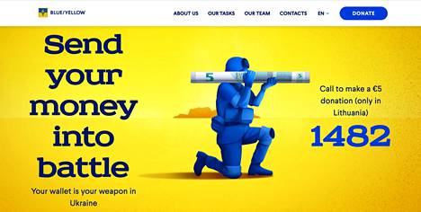 Liettuassa kerätään rahaa Ukrainan aseistamiseen. Kuva on ruutukaappaus Ukrainan lipun väreihin viittaavan Sininen ja keltainen -kampanjan verkkosivuilta.