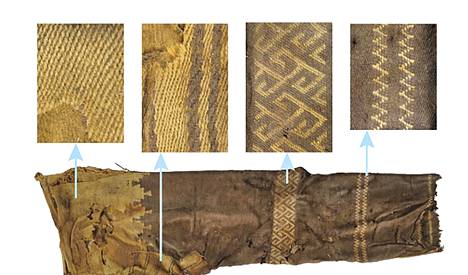 The pants were woven and patterned by technicians with brown and light wool alternating at the tops of the legs (left). Stripes of the same color were patterned at the branch. Geometric patterns are woven at the knees, and a zigzag pattern at the ankles (right). 