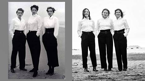 Vasemmalla Peter Lindberghin mainoskuva 1980-luvulta, oikealla Elina Simosen tuore Kolme sisarta -promokuva.
