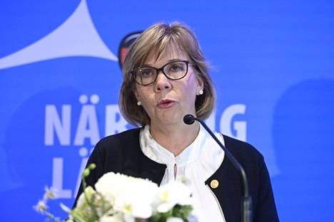 Puheenjohtaja Anna-Maja Henriksson puhui Rkp:n puoluevaltuuston kokouksessa lauantaina.