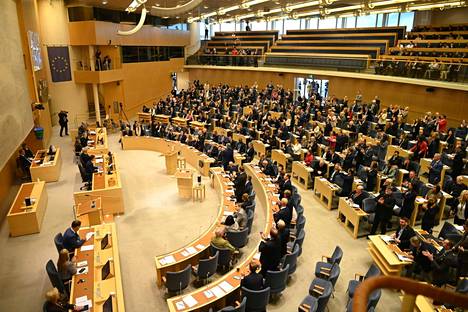 Ruotsin valtiopäivien sali kuvattuna 17. loukakuuta Ulf Kristerssonin pääministerivalinnan jälkeen.