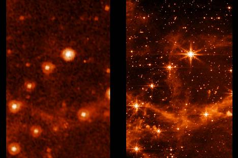 Koekuva näyttää, kuinka paljon tarkempi Webb on kuin edeltäjänsä. Vasemmalla kuva Plejadien eli Seulasten tähtikuviosta 17 vuoden takaa. Sen otti avaruusteleskooppi Spitzer. Oikealla Webbin koekuva samasta paikasta. 