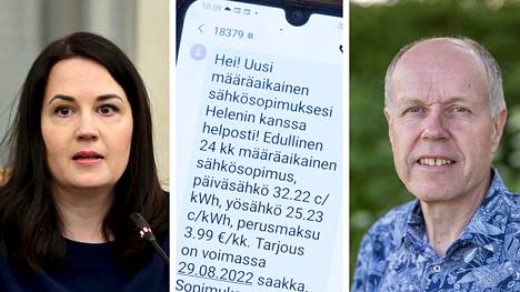 Kansanedustaja Sanni Grahn-Laasonen (kok) ja Energiateollisuus ry:n energiamarkkinoista vastaava johtaja Pekka Salomaa kommentoivat maanantaina sähkösopimusten korkeita energiahintoja.