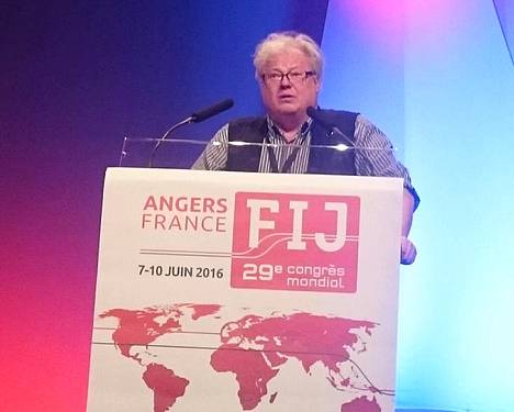 Juha Rekola IFJ:n konferenssissa vuonna 2016 Angersissa, Ranskassa.