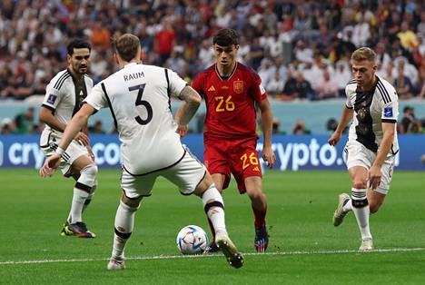 Spain's Pedri is great with the ball to find breaking passes, Germany tried to triple the midfield passing master.