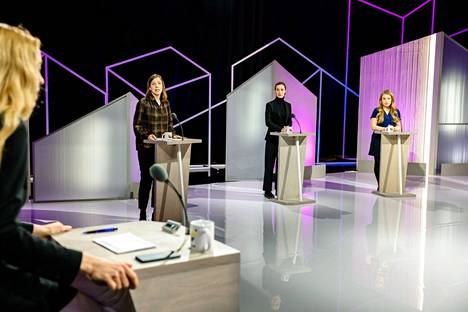 Li Andersson (left), Sanna Marin (sd) and Iiris Suomela (green) in Yle's exam on Thursday.