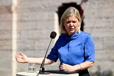 Ruotsin pääministeri Magdalena Andersson tiedotustilaisuudessa Visbyssä heinäkuussa. 