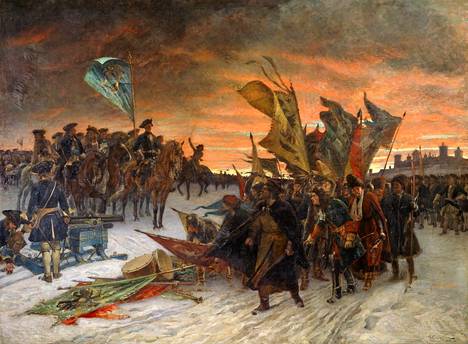 Ruotsin kuningas Kaarle XII esitetään voitokkaana antautuvien venäläisten edessä Narvassa vuonna 1700. Gustaf Cederströmin maalaus vuodelta 1905.
