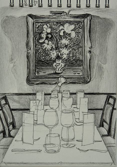 Arkkitehti, kuvataiteilija, kirjailija Jonathan Moorhousen piirros (2008) suositusta pöydästä, jonka yllä on Yngve Bäckin kukkamaalaus. 