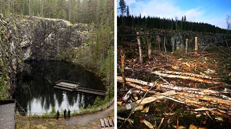 Mätäsvaaran kaivosnäyttämöä ympäröivä metsä on nyt kaadettu. Vasemman puoleinen kuva on otettu kaivosnäyttämöltä lokakuussa 2016. Oikeanpuoleinen kuva on otettu kaivosnäyttämön yläpuoliselta kalliolta toukokuussa 2022.