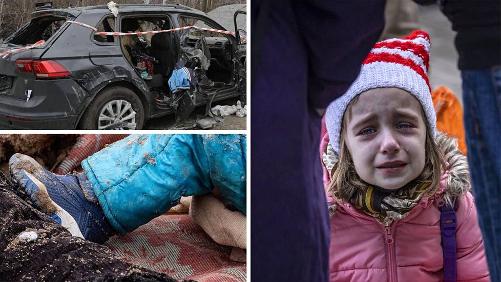 Viisihenkinen perhe kuoli venäläissotilaiden ammuttua henkilöautoa Havronštšynan kylässä  Kiovan alueella 13. maaliskuuta (vas.). Tyttö itki noustessaan junaan Kramatorskissa 3. huhtikuuta.