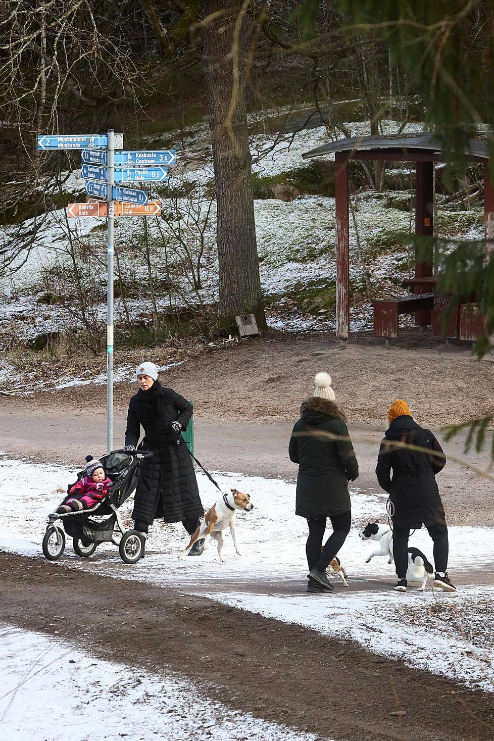 Ulkoilijoita perjantaina Helsingin keskuspuistossa Ruskeasuolla.