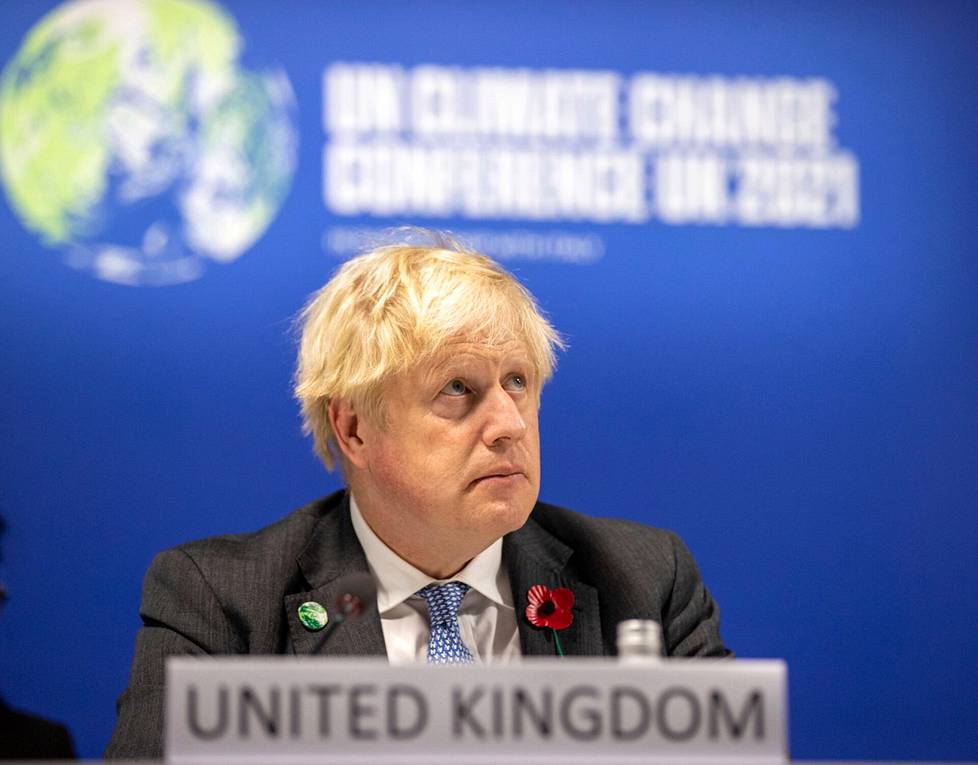 Britannian pääministeri Boris Johnson Glasgow’n ilmastokokousta maanantaina. 