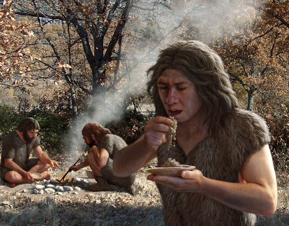 Neandertalinihmiset kypsentämässä kasviksia. Kuvitus perustuu tutkimuksiin, joiden mukaan neandertalinihmisten ruokavalio oli varsin monipuolinen. 