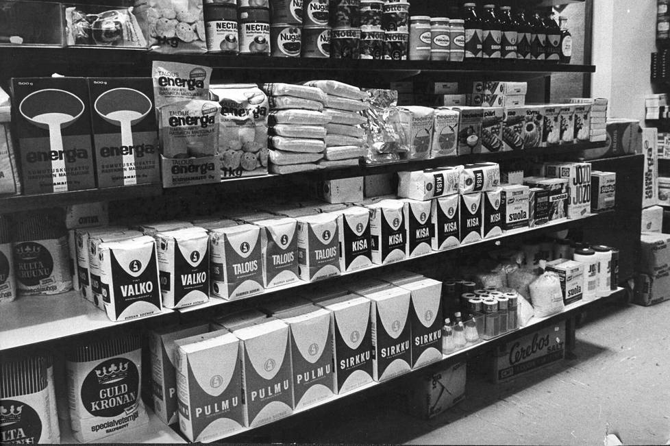 Ruokaupan valikoimaa marraskuussa vuonna 1973. 