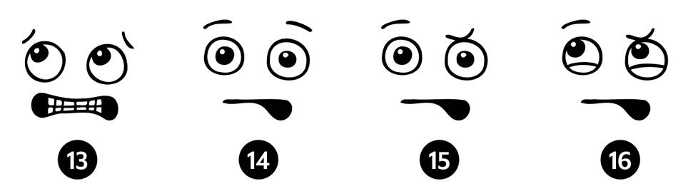 13. KATUMUS Katuva ei katso kohti vaan pupillit hakeutuvat ylös ja sivuille. Kulmat kohoavat ja suu aukeaa outoon tekohymyyn, jossa hampaat ovat kiinni. 14. TEHTÄVÄ 1 Kokeile erilaisia suita samojen silmien ja kulmien pariksi. Mitä ilmeelle tapahtuu, jos esimerkiksi avaat vain toisen suupielen? 15. TEHTÄVÄ 2 Vaihda kulmakarvojen asentoja. Mitä tapahtuu, jos esimerkiksi kurtistat kulmat epäsymmetrisesti? 16. TEHTÄVÄ 3 Testaa pupillien ja luomien liikkeen vaikutusta ilmeeseen. Kokeilemalla löydät lisää ilmeitä ja tunnetiloja. 