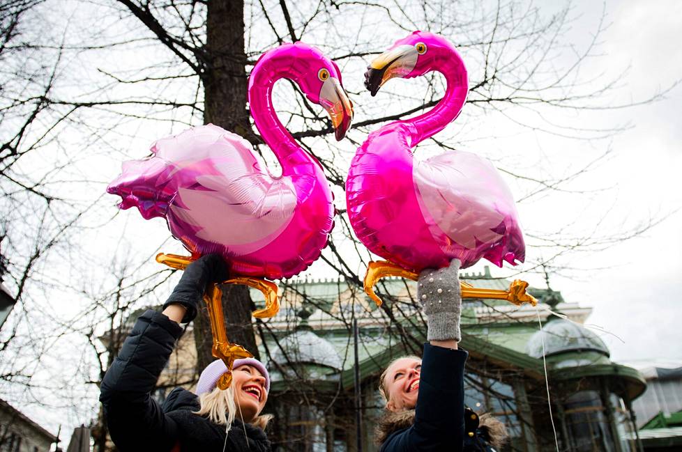 Hanna-Mari Hannikainen (vas.) ja Roosa Kinnunen ostivat flamingopallot, sillä he aikovat aloittaa suppailukautensa. Sunnuntain suppailulla he kiinnittävät flamingot suppilautoihin.