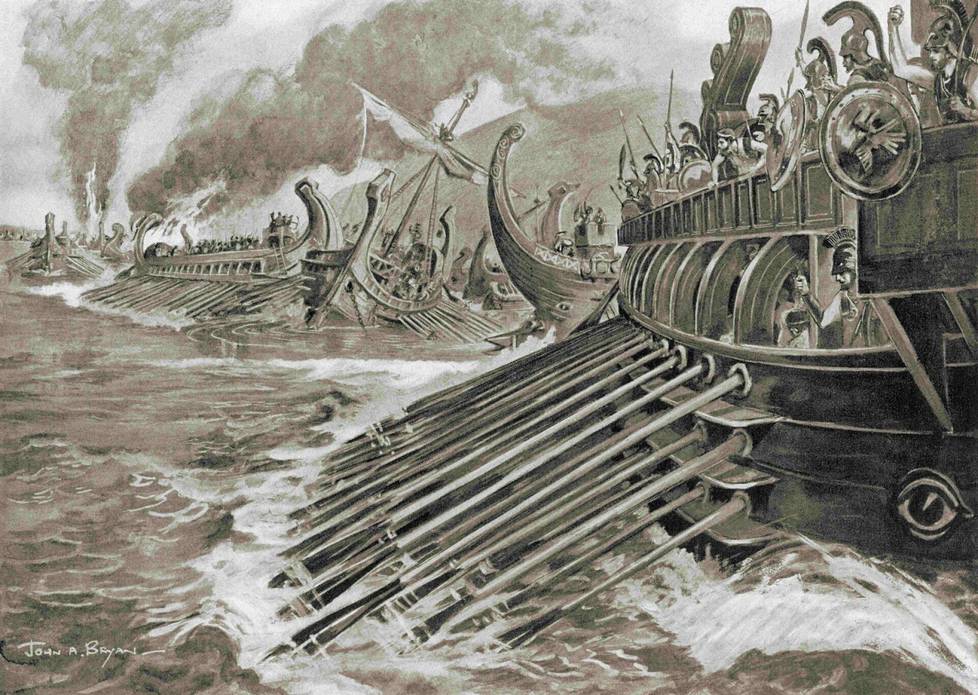 Peloponnesolaissota sai ainakin välillisesti alkunsa kauppasaartoon liittyvästä kiistasta. Kuvituksessa näkyy vuonna 405 eaa. käyty Aigospotamoin taistelu, joka oli 27 vuotta kestäneen sodan viimeinen suuri taistelu. Siinä Spartan laivasto löi Ateenan laivaston.