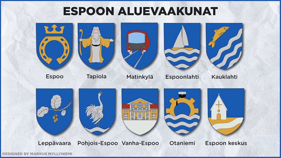 Markus Myllyniemi on piirtänyt Espoolle kymmenen aluevaakunaa.