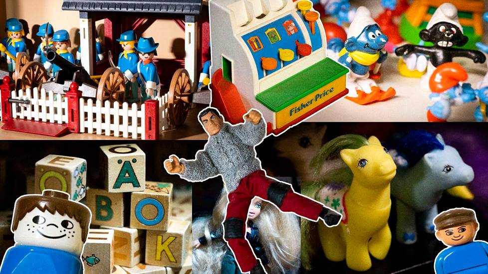 Eri aikakausien leluja: Playmobil-, Duplo-, Smurffi- ja Actionman- ja ponihahmoja sekä aakkospalikoita ja Fisher Price -kassakone.
