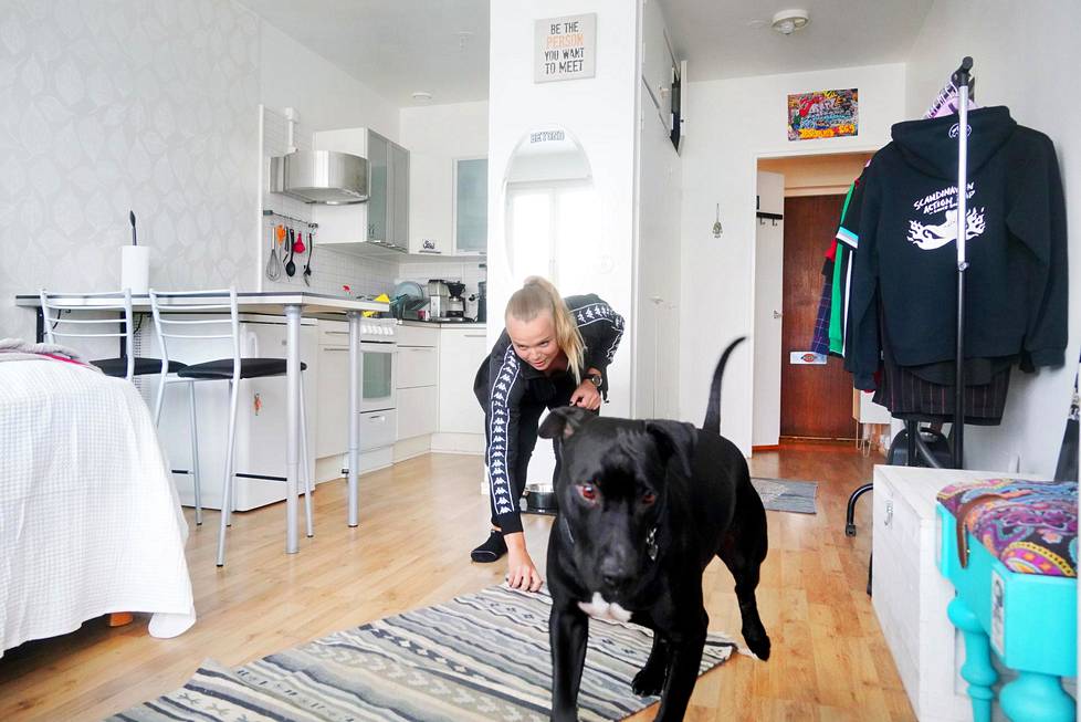 Johanna Huttunen ja Olli-koira viihtyvät valoisassa asunnossaan. Toimiva ja kompakti keittiö on iso osa viihtyisyyttä.