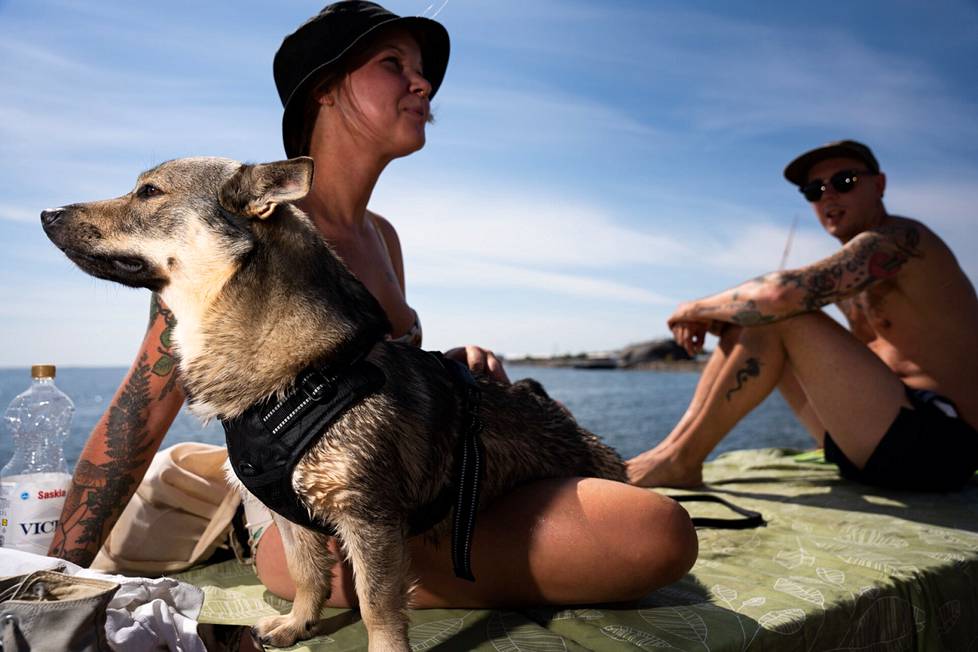 Hanne Honkanen ja Jouko Aarnio nauttivat kuumasta kesäpäivästä viisi päivää sitten perheeseen muuttaneen Bao-koiran kanssa 27. heinäkuuta 2021.
