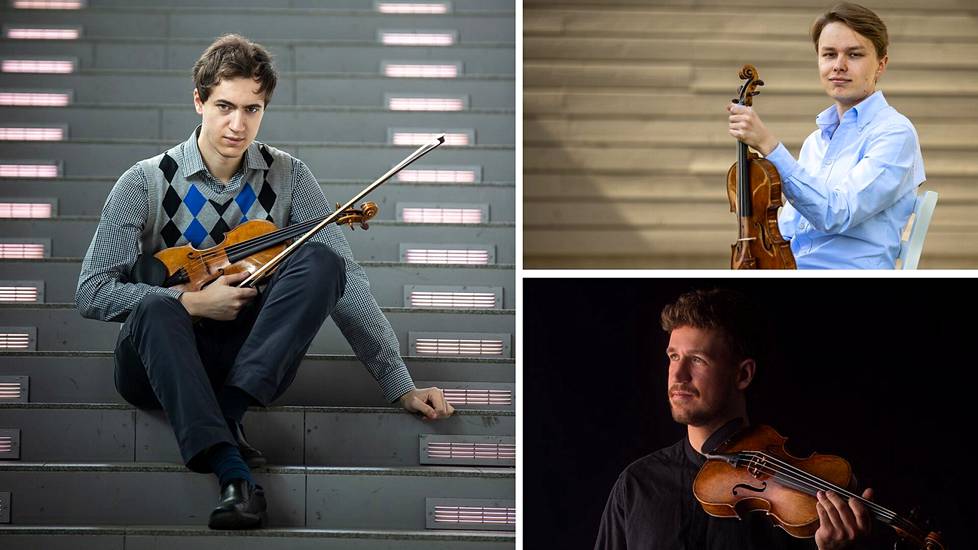Kansainvälisen Sibelius-viulukilpailun suomalaistoivot ovat 25-vuotias Adrian Ibañez-Resjan (vasemmalla), 22-vuotias Otto Antikainen (oikealla ylhäällä) ja 27-vuotias Kasmir Uusitupa.