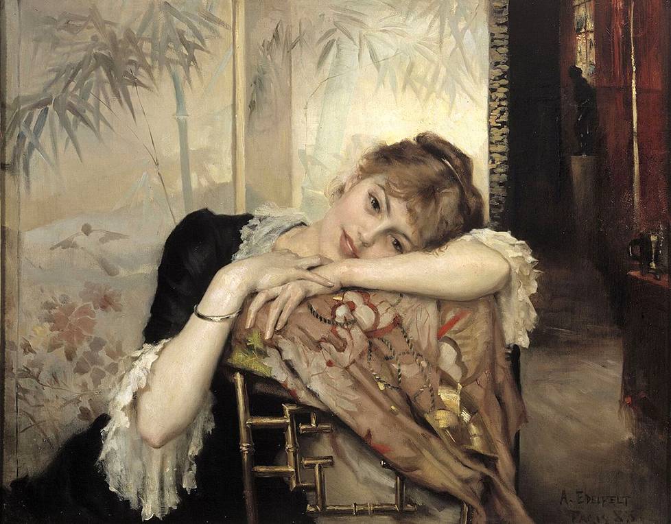 Virginie oli Edelfeltin useiden maalausten malli ja rakastajatar. Tämä vuonna 1883 maalattu versio on vimeinen, johon hänet on ikuistettu. – Teos on mukana myös Ateneumin näyttelyssä.