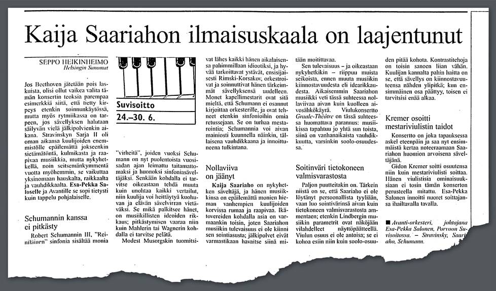 Seppo Heikinheimon konserttiarvostelu Helsingin Sanomissa 28.6.1996.