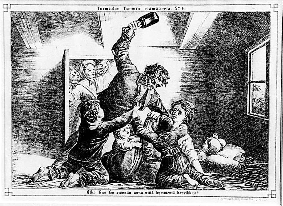 The Friends of Sobriety Association published an account of eight pictures called Tommi by Turmiola about the dangers of alcohol in 1858. In the picture, Tommi kills his wife with a bottle of vodka.  The pictures in the story were drawn by Alexandra Frosterus-Sålt.