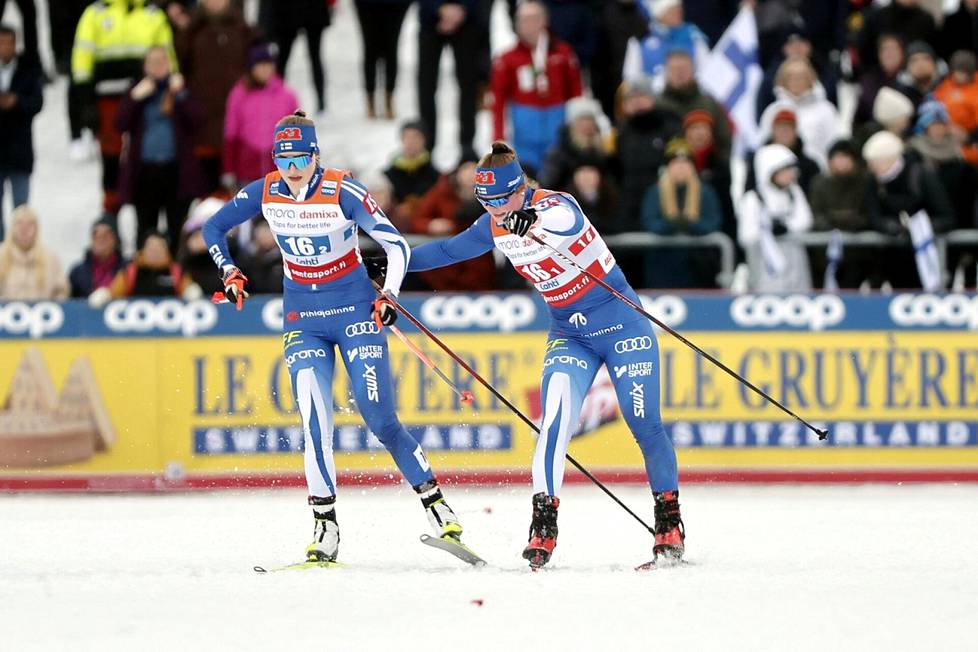 Tiia Olkkonen ja Eevi-Inkeri Tossavainen osallistuivat perjantaina Salpausselällä sprinttiviestiin.