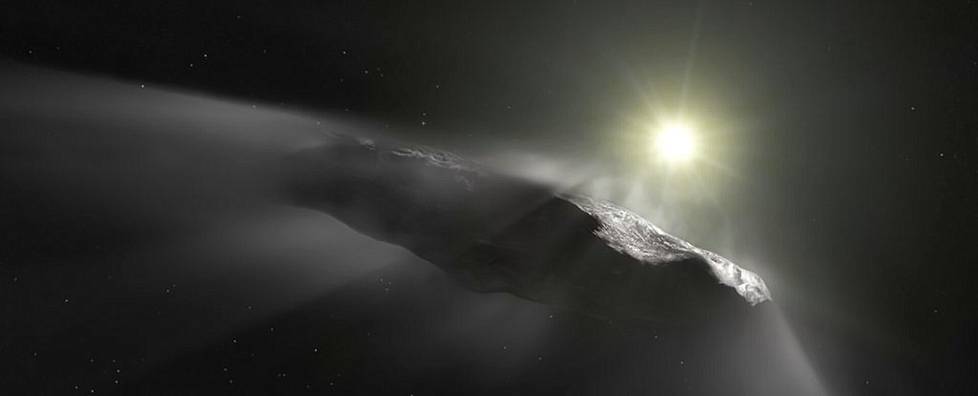 Taiteilijan näkemys 'Oumuamuasta, joka vieraili aurinkokunnassamme, mutta kulkee jo takaisin kohti ulkoavaruutta. 