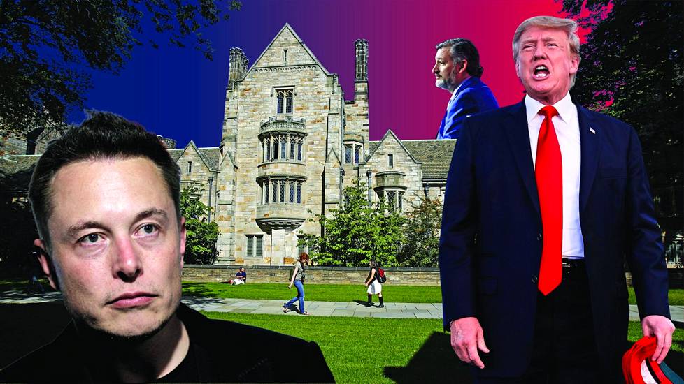 Miljardööri Elon Musk (vas.), senaattori Ted Cruz ja entinen presidentti Donald Trump haukkuvat jatkuvasti Ivy League -yliopistojen vasemmistolaista ”indoktrinaatiota”.