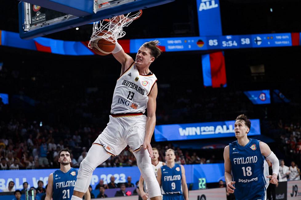 Finland's difficulties continued against Germany in the final match of the first group.  Moritz Wagner dunking.