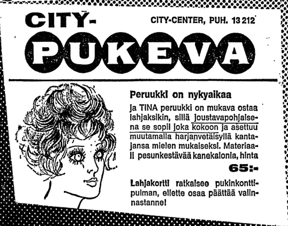 Peruukkeja mainostettiin Helsingin Sanomissa joulun alla 1969.