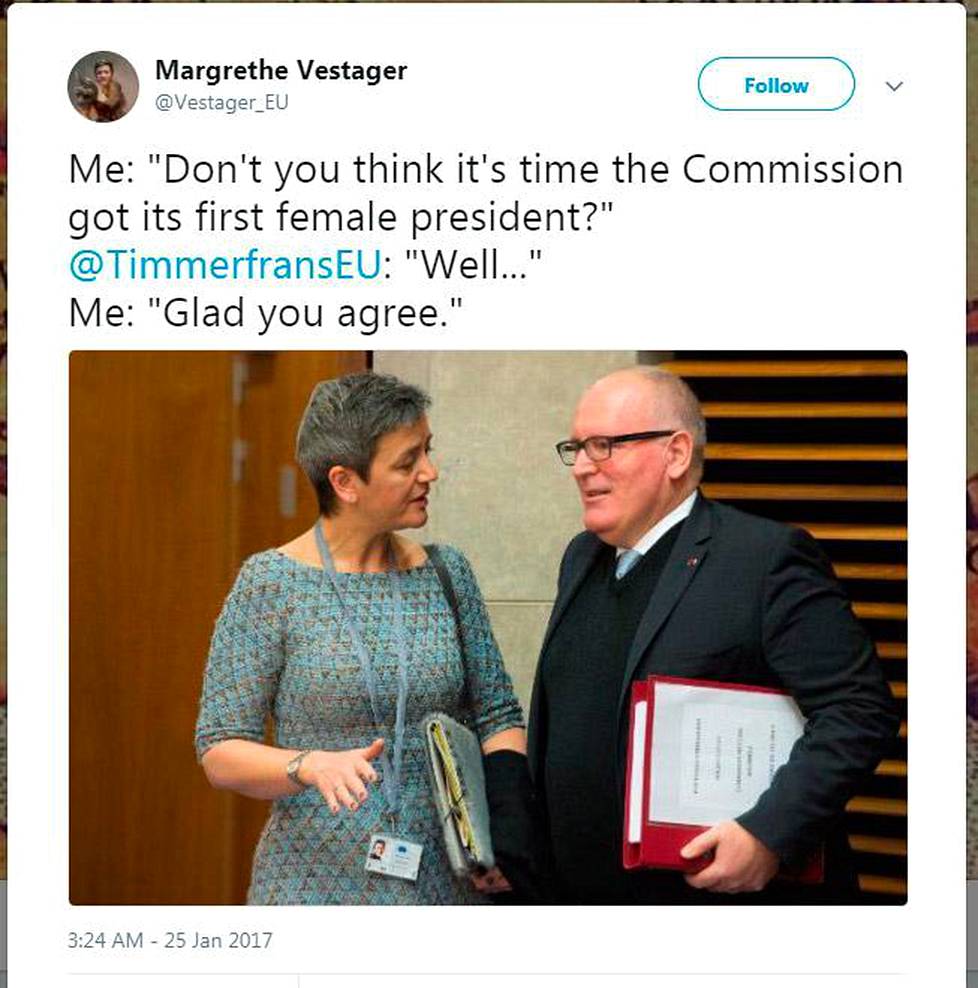 Parody account on Twitter claiming to be Margrethe Vestager.
