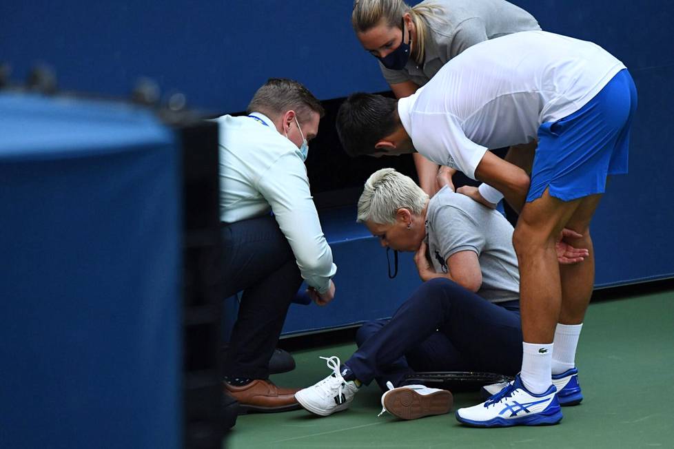 Novak Djokovic went to the line judge to check on the condition of the line judge after finding this on the ball in the neck area at the US Open in September 2020.