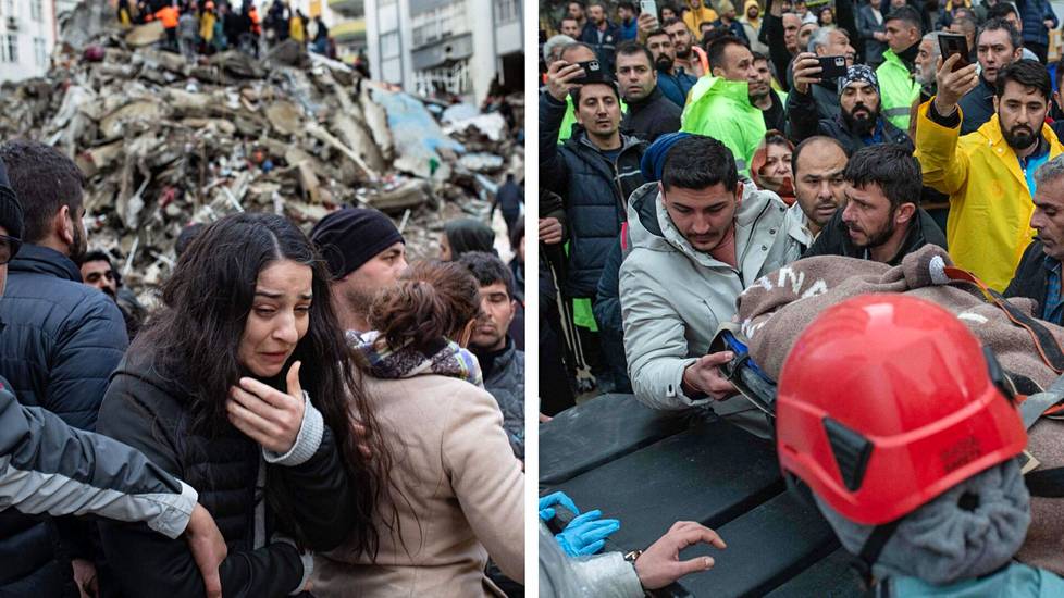Maanjäristyksen uhreja evakuoitiin maanantaina Turkissa Adanan kaupungissa. 