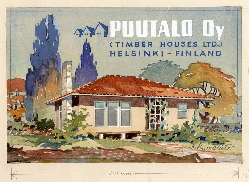 Kaarlo Humaliston tekemä mainoskuva esittää Australiaan suunniteltua talotyyppiä 739. Vuonna 1945 Puutalo Oy:n palvelukseen tullut Humalisto vastasi pitkälti yhtiön visuaalisesta identiteetistä 1960-luvun puoliväliin saakka.