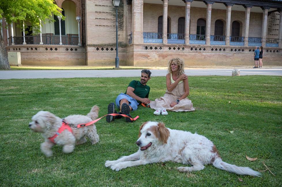 Yolanda González ja Raul Vivas ulkoiluttavat koiriaan Lunaa ja Curroa tapansa mukaan María Luisan puistossa ennen iltayhdeksää.
