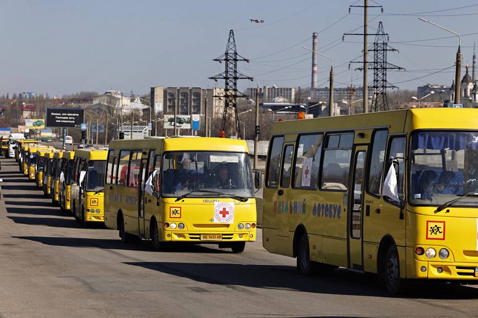 Колонна школьных автобусов направляется к оккупированной территории.