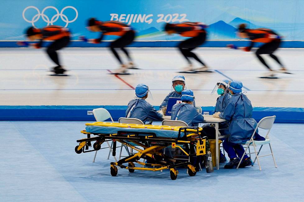 Medical personnel were present when speed skaters practiced in Beijing on Friday.