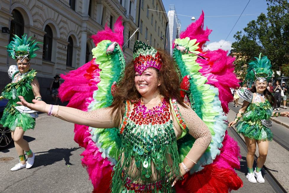 The Helsinki Samba Carnival was also represented at Pride.  Sari Ullgren-Lajunen danced at the head of the group.