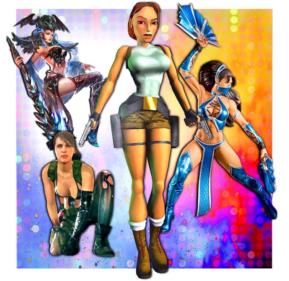 Naishahmoja on kuvattu peleissä usein esineellistävästi, vain ulkomuotoon keskittyen. Brittiläinen pelitutkija Helen Kennedy sanoi jo vuonna 2002 Tomb Raider -pelien sankarin Lara Croftin (keskellä) olevan yhtä aikaa voimaannuttava naishahmo ja epärealistista ruumiinkuvaa rakentava seksiobjekti.