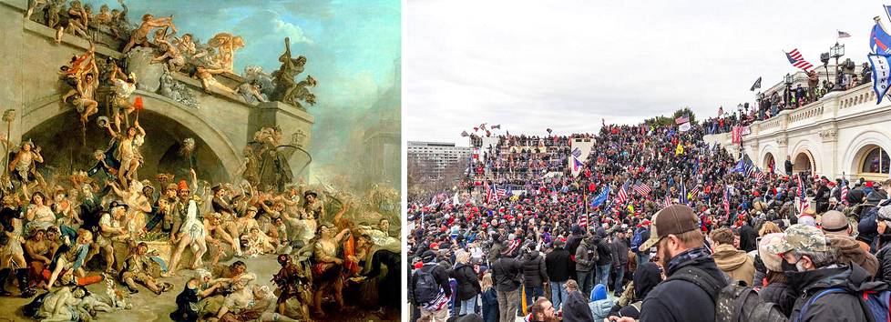 Vasemmalla Johan Zoffanyn maalaus Kuninkaan kellarien valtaus Pariisissa, joka liittyy Tuileries’n palatsin valtaukseen 1792 Ranskan suuren vallankumouksen aikana. Oikealla uutiskuva Washington DC:stä Yhdysvaltain kongressitalolta 6. tammikuuta 2021.