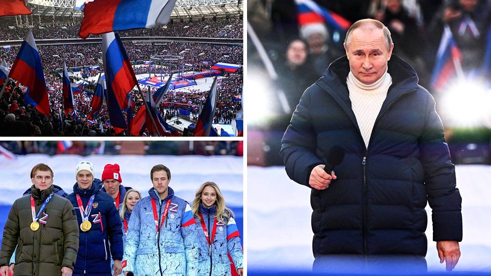 Vladimir Putin järjesti sotaa ylistävän juhlan jalkapallon MM-kisoista tutulla areenalla.