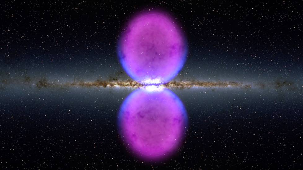 Fermin kuplat ovat gammasäteitä. Ihmisen silmä ei näe näitä jättimäisiä ”ilmapalloja”. Kummankin läpimitta on noin 25 000 valovuotta. Nasan havainnekuvassa on keskellä kotigalaksimme Linnunrata, sivusta kuvattuna. 
